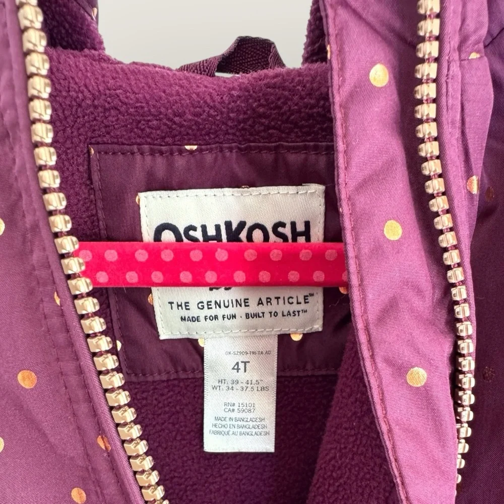 OshKosh Fleece Lined Rain Jacket Coat 4T Plum Polka Dot Hooded